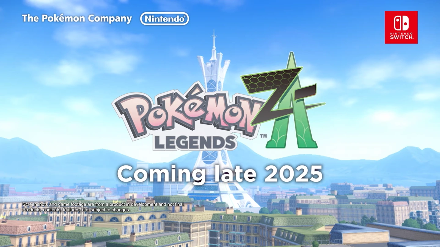 Na obrazie widzimy logo gry Pokémon Legends Z-A na tle miasta Lumiose, charakterystycznego dla regionu Kalos. W tle widać wieżę przypominającą Wieżę Eiffla, która jest centralnym punktem miasta. Na dole znajduje się napis „Coming late 2025”, zapowiadający premierę gry w drugiej połowie 2025 roku. Logo Nintendo Switch w prawym górnym rogu wskazuje platformę, na której gra będzie dostępna