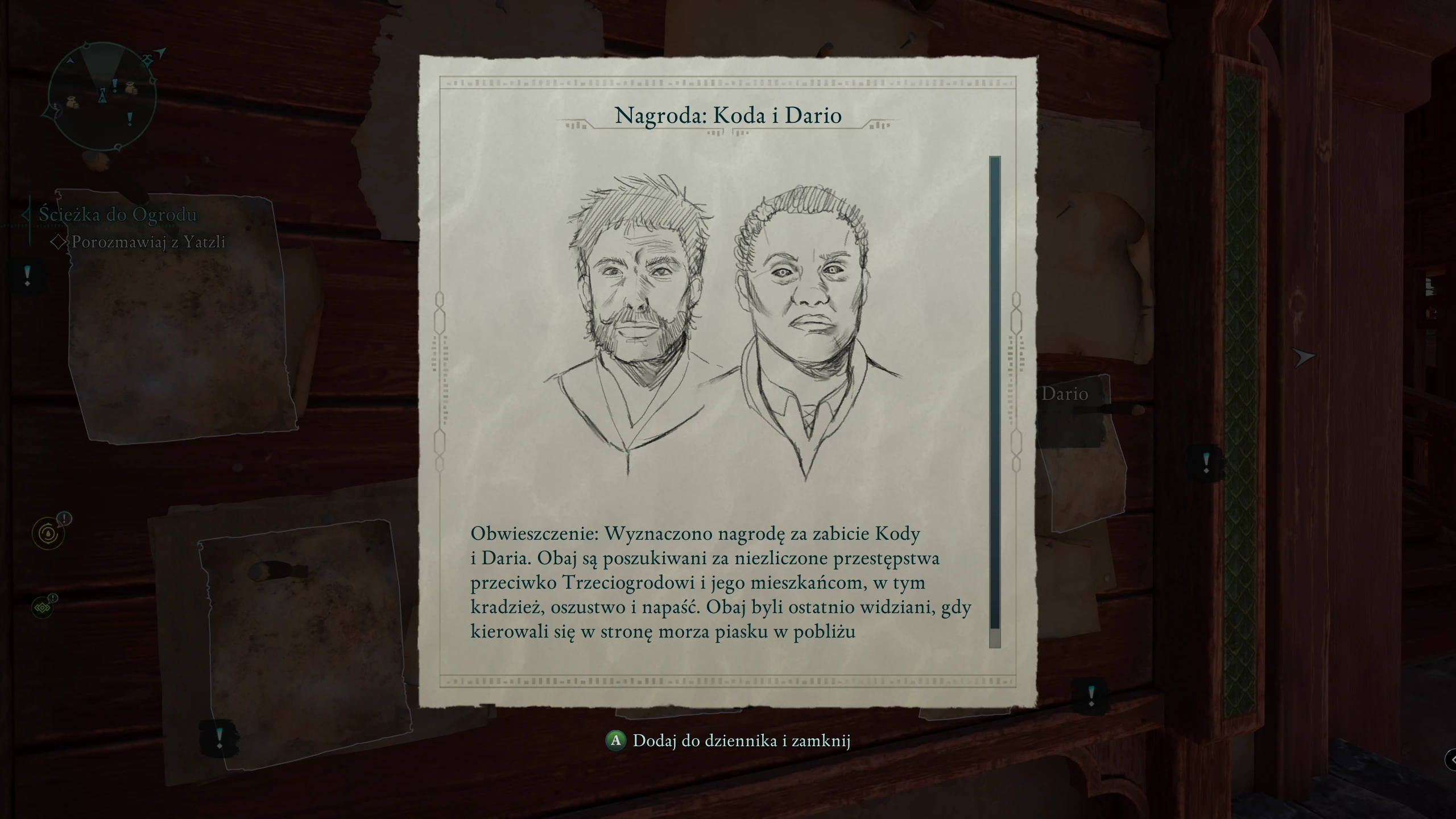 List gończy w grze Avowed przedstawiający szkice dw&oacute;ch poszukiwanych przestępc&oacute;w - Kody i Dario. Pod portretami znajduje się tekst informujący o nagrodzie za ich schwytanie oraz wzmianka o ich ostatnim miejscu pobytu w pobliżu morza piasku.