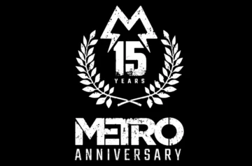 Logo jubileuszowe z okazji 15-lecia serii Metro (4A Games). Na czarnym tle widoczna biała grafika zawierająca stylizowaną literę M, cyfrę 15 otoczoną wieńcem laurowym oraz napis "METRO ANNIVERSARY".
