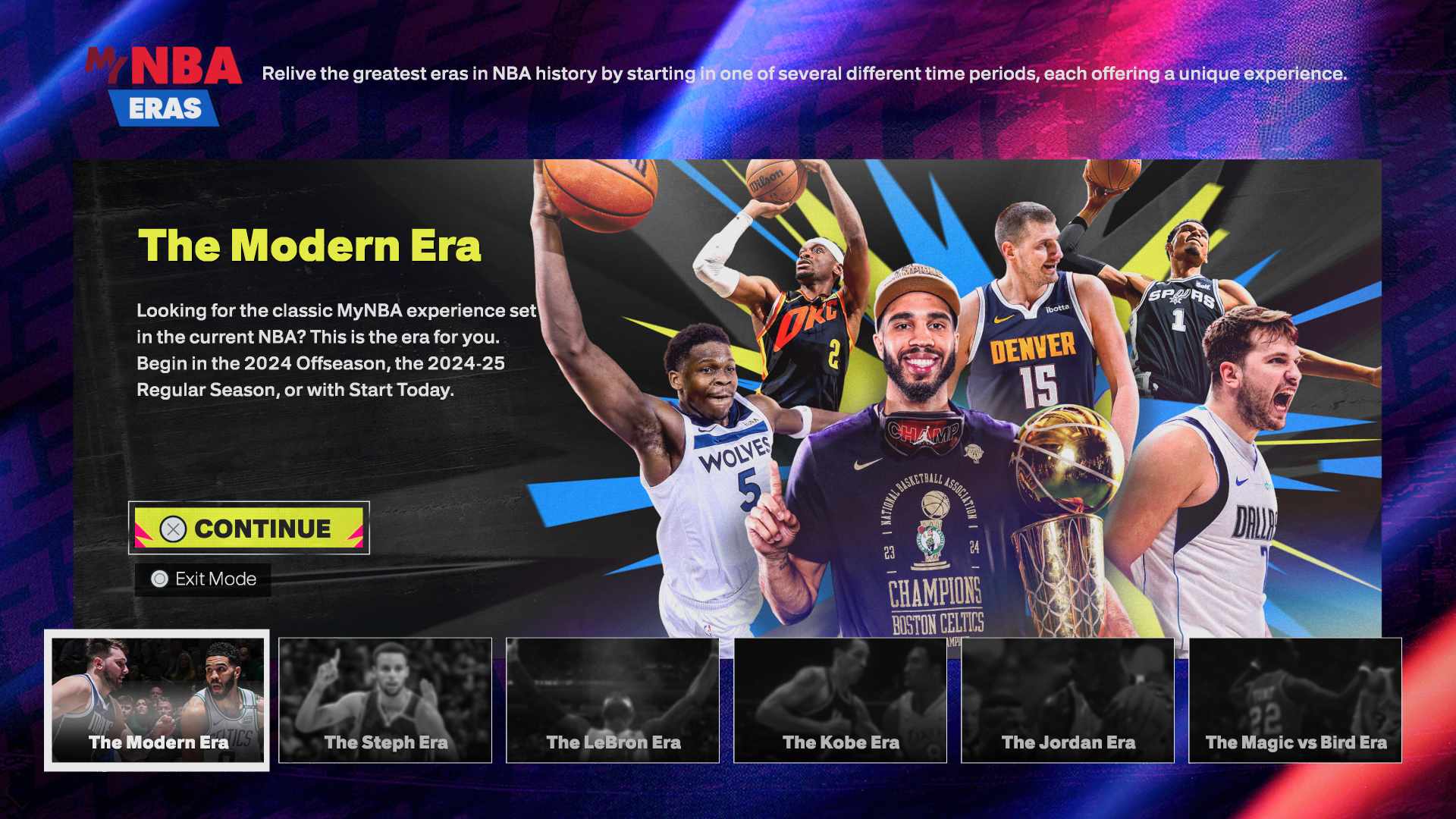 Menu główne trybu MyNBA w grze NBA 2K25. Tryb znany wcześniej jako MyLeague. Na obrazie widzimy kilku znanych graczy z obecnej ery NBA. Luka Doncić, Anthony Edwards czy Jayson Tatum.