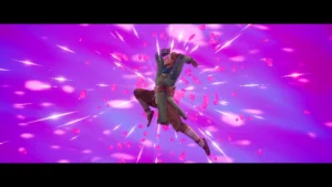 Postać w zielonym stroju fantasy wykonuje efektowny skok w powietrzu, otoczona r&oacute;żowymi płatkami i jasnymi promieniami światła na tle fioletowego nieba. Scena dynamiczna i pełna energii.