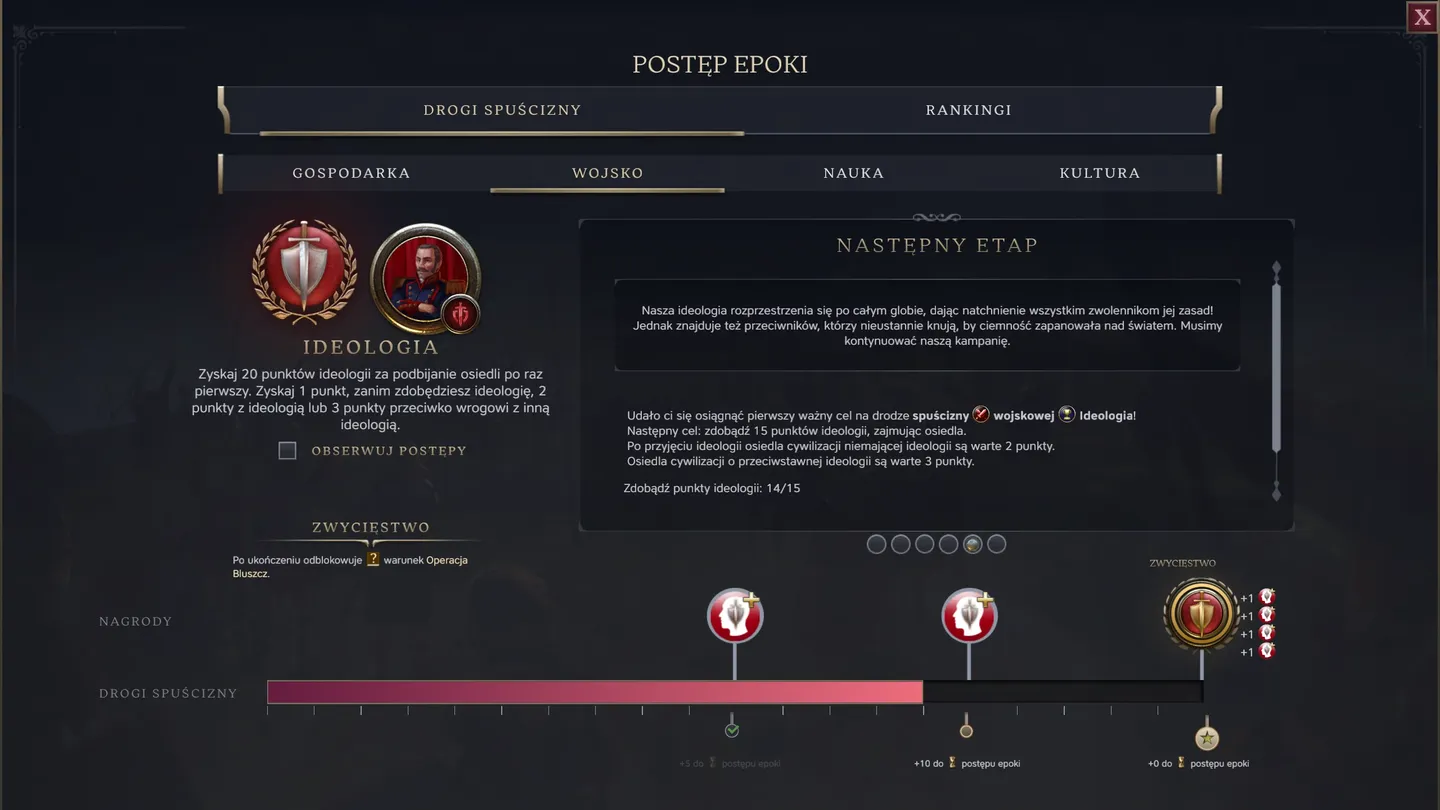 Interfejs gry Civilization VII przedstawiający postęp epoki w trybie ideologii. Widoczne są cele punktowe, opis mechaniki zdobywania ideologii oraz pasek postępu drogi sp&oacute;jności.