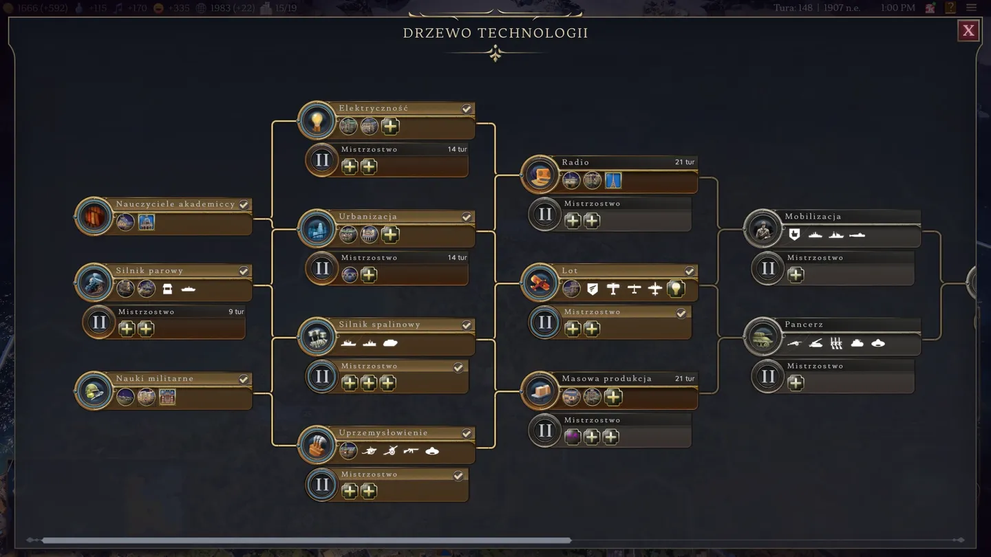 \"Drzewo technologii w Civilization VII prezentujące dostępne do badań technologie, takie jak elektryczność, urbanizacja, radio, lotnictwo oraz masowa produkcja.\"