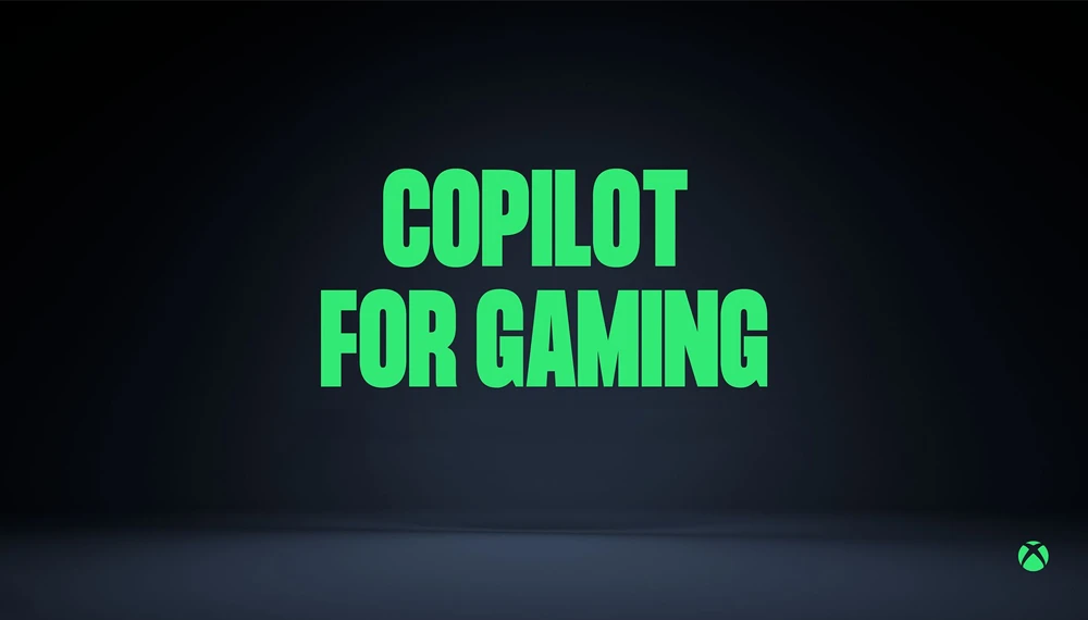 Logo Copilot for Gaming na czarnym tle z charakterystycznym zielonym kolorem Xbox w prawym dolnym rogu.