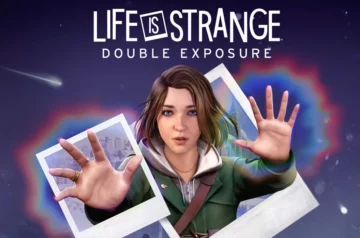 Life is Strange: Double Exposure - grafika promocyjna gry przedstawiająca Max Caulfield z wyciągniętymi rękami otoczoną polaroidowymi zdjęciami i kolorowym efektem świetlnym na ciemnym tle.