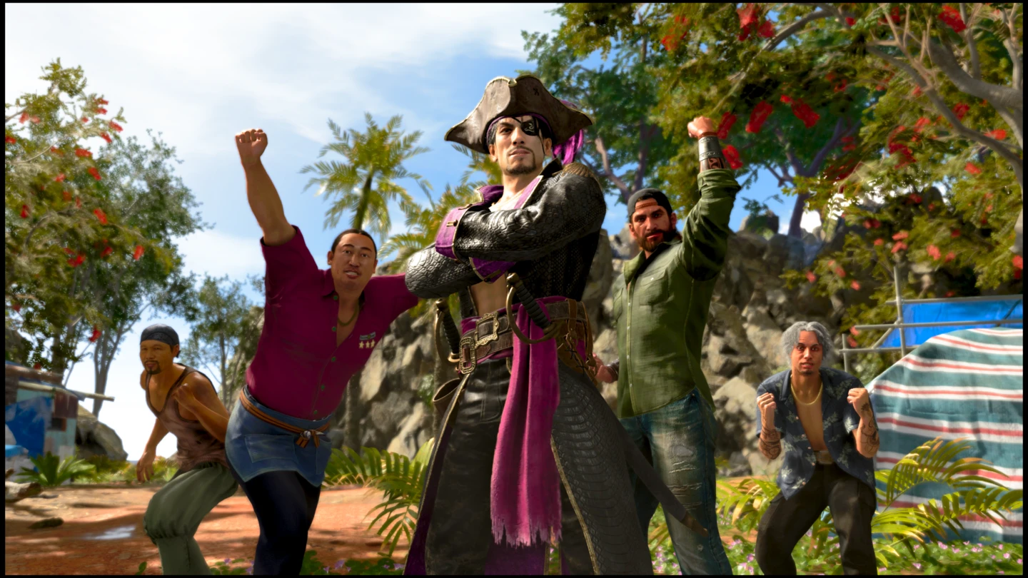 Kadr przedstawiający Goro Majimę w towarzystwie czw&oacute;rki członk&oacute;w jego załogi, wszyscy w triumfalnych pozycjach.