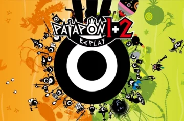 Logo gry Patapon 1+2 Replay przedstawiające charakterystyczne duże czarne oko otoczone sylwetkami małych, jednookich stworków Patapon w różnych klasach bojowych. Grafika utrzymana jest w kolorowej stylistyce z pomarańczowo-zielonym tłem i wyraźnym logo gry na górze.