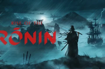 Art z gry Rise of the Ronin z logiem i postacią w tle.