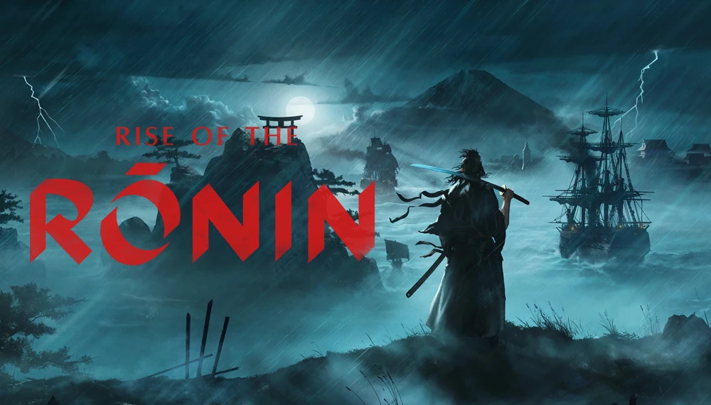 Art z gry Rise of the Ronin z logiem i postacią w tle.