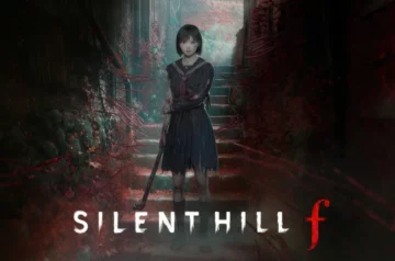 Grafika promocyjna gry Silent Hill f przedstawiająca młodą dziewczynę w japońskim mundurku szkolnym stojącą na schodach otoczonych czerwonymi, przypominającymi krew akcentami. U dołu widnieje logo gry z czerwoną literą "f".