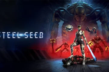 Grafika z gry Steel Seed z główną bohaterką i robotami w tle.