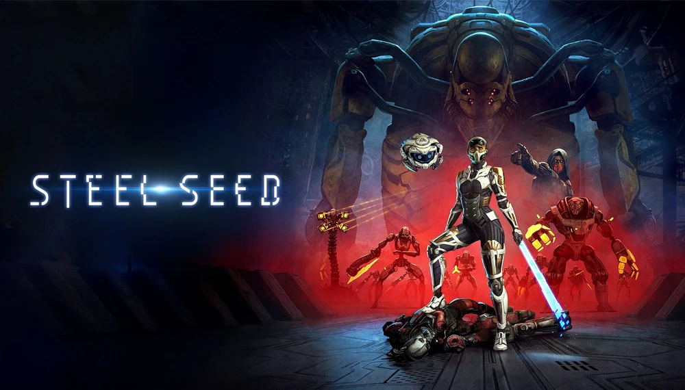 Grafika z gry Steel Seed z główną bohaterką i robotami w tle.