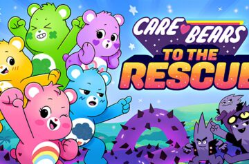 Obrazek przedstawia kolorową grafikę z animowanej serii "Care Bears: To the Rescue". Na pierwszym planie widzimy pięć uroczych Misiów Troskliwych w różnych kolorach