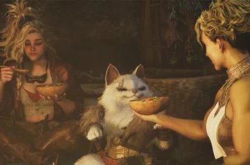 Scena z gry Monster Hunter Wilds pokazująca dwie bohaterki jedzące posiłek wraz z charakterystycznym kotopodobnym stworzeniem - Palico, trzymającym miseczkę z jedzeniem.