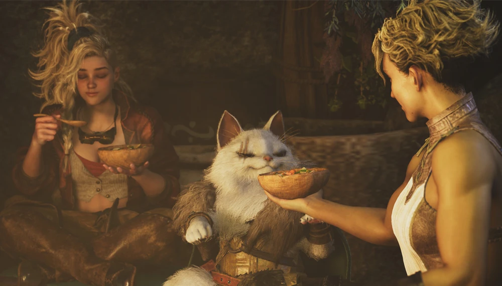 Scena z gry Monster Hunter Wilds pokazująca dwie bohaterki jedzące posiłek wraz z charakterystycznym kotopodobnym stworzeniem - Palico, trzymającym miseczkę z jedzeniem.