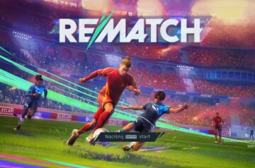 Grafika promocyjna gry Rematch. Na niej kilku piłkarzy na tle wielkiego stadionu