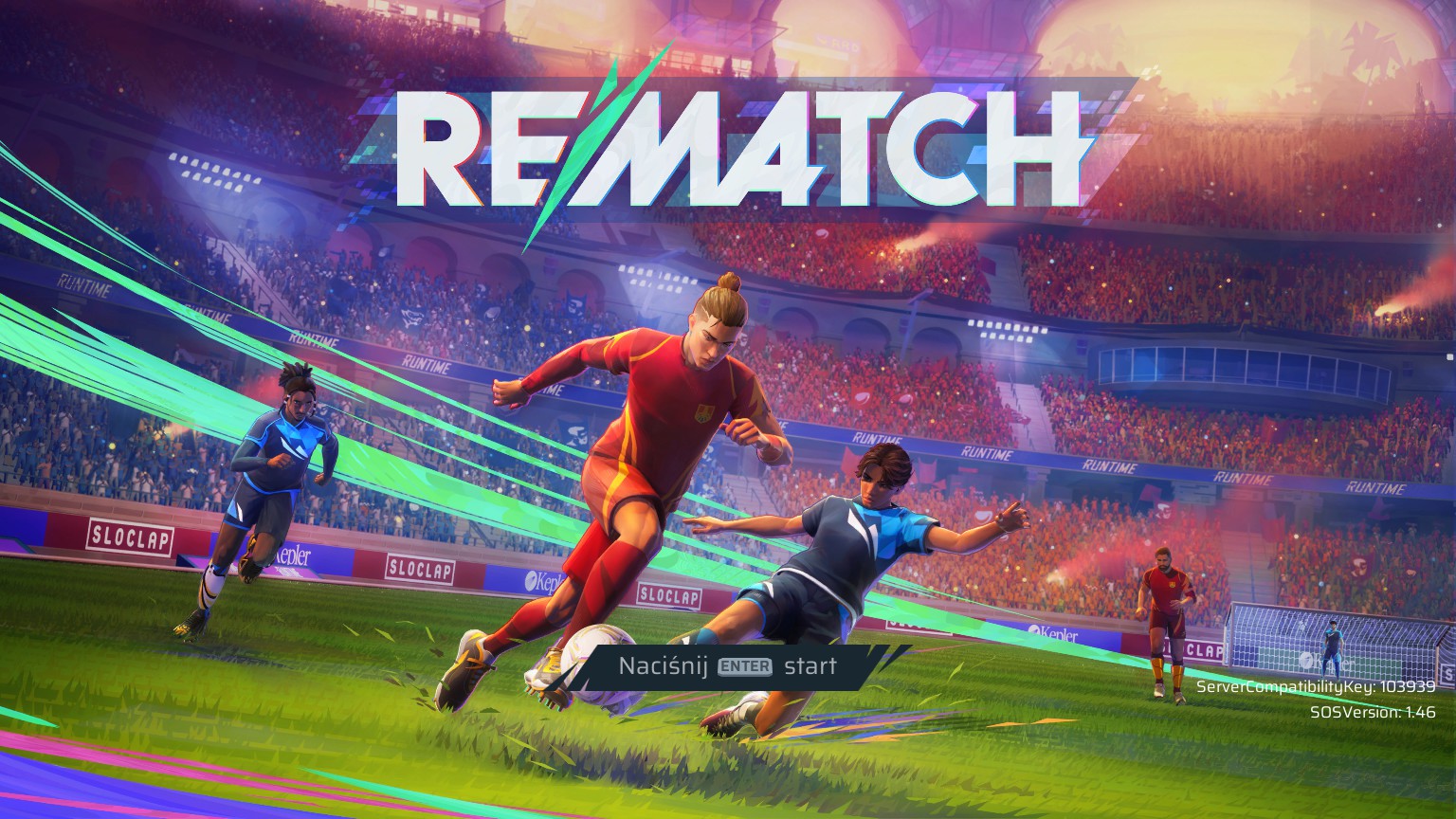 Grafika promocyjna gry Rematch. Na niej kilku piłkarzy na tle wielkiego stadionu