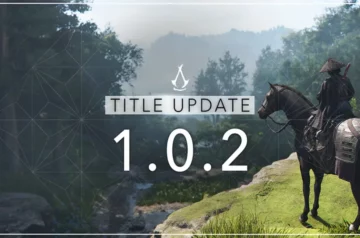 Oficjalna grafika promująca aktualizację 1.0.2 do gry Assassin's Creed Shadows. Na pierwszym planie postać w stroju shinobi siedzi na koniu, patrząc na krajobraz pełen zieleni i gór w tle. W centrum widoczny jest tytuł: ‘TITLE UPDATE 1.0.2