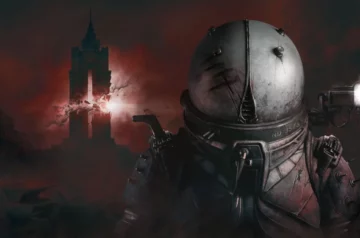Obraz z Cronos przedstawia mroczną, postapokaliptyczną scenę w stylu science fiction. W centrum kadru widoczna jest postać w futurystycznym kombinezonie kosmicznym lub przeciwpromieniowym z charakterystycznym, okrągłym hełmem przypominającym skafander. Hełm ma metaliczną, srebrną powierzchnię z widocznym zamkiem lub zapięciem pośrodku. W tle rozciąga się ponury, czerwonawy krajobraz z ciemnymi chmurami i mglistą atmosferą. Po lewej stronie widać zarys wysokiej wieży lub budowli z charakterystycznym zwieńczeniem, prawdopodobnie pozostałość zniszczonego miasta. Z budynku wydobywa się jasne światło, które przebija przez mroczne niebo. Całość kompozycji utrzymana jest w ciemnej, czerwono-szarej kolorystyce, co podkreśla apokaliptyczny nastrój sceny. Oświetlenie jest dramatyczne, z kontrastującymi źródłami światła, co dodaje obrazowi złowrogiego, niepokojącego charakteru. Obraz przypomina kadr z gry komputerowej lub filmu science fiction osadzonego w postapokaliptycznym świecie.