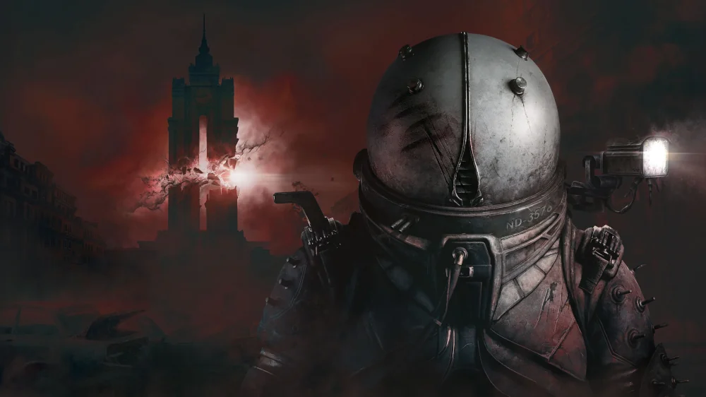 Obraz z Cronos przedstawia mroczną, postapokaliptyczną scenę w stylu science fiction. W centrum kadru widoczna jest postać w futurystycznym kombinezonie kosmicznym lub przeciwpromieniowym z charakterystycznym, okrągłym hełmem przypominającym skafander. Hełm ma metaliczną, srebrną powierzchnię z widocznym zamkiem lub zapięciem pośrodku. W tle rozciąga się ponury, czerwonawy krajobraz z ciemnymi chmurami i mglistą atmosferą. Po lewej stronie widać zarys wysokiej wieży lub budowli z charakterystycznym zwieńczeniem, prawdopodobnie pozostałość zniszczonego miasta. Z budynku wydobywa się jasne światło, które przebija przez mroczne niebo. Całość kompozycji utrzymana jest w ciemnej, czerwono-szarej kolorystyce, co podkreśla apokaliptyczny nastrój sceny. Oświetlenie jest dramatyczne, z kontrastującymi źródłami światła, co dodaje obrazowi złowrogiego, niepokojącego charakteru. Obraz przypomina kadr z gry komputerowej lub filmu science fiction osadzonego w postapokaliptycznym świecie.
