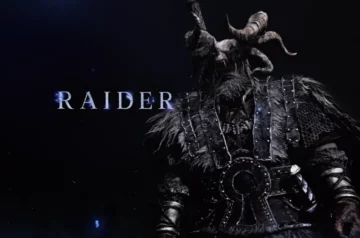 Raider – postać z Elden Ring Nightreign – ubrana w masywną, rogato-zdobioną zbroję, stoi na tle swojego imienia, otoczona mrocznym blaskiem