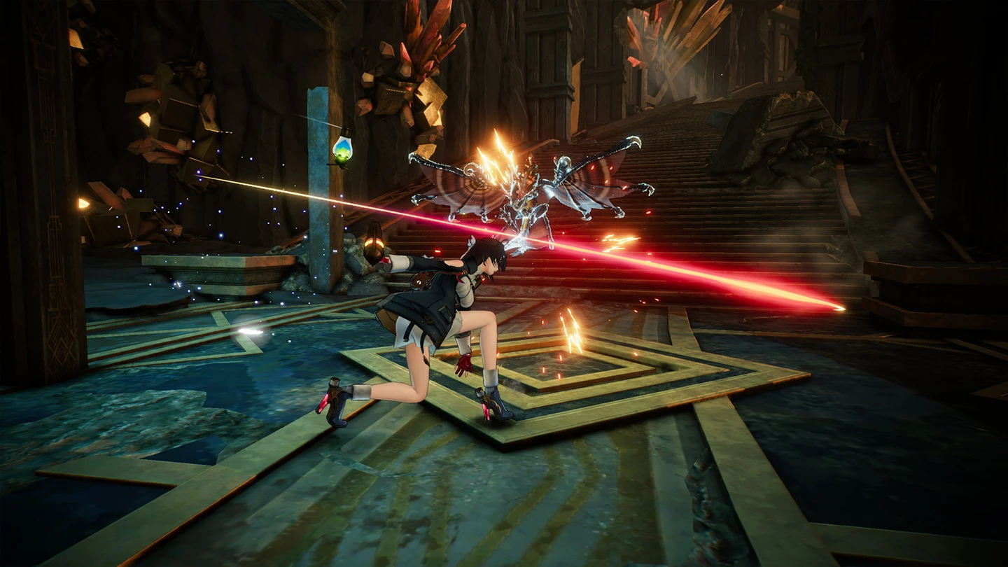 Dynamiczna scena walki z bossem w starożytnej lokacji. Yumia strzela czerwonym promieniem w kierunku przeciwnika na schodach.