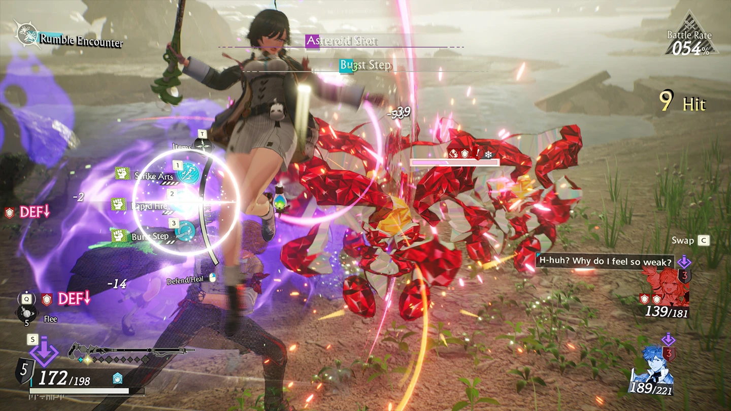 Widoczne są umiejętności bojowe, pasek zdrowia oraz licznik trafień.