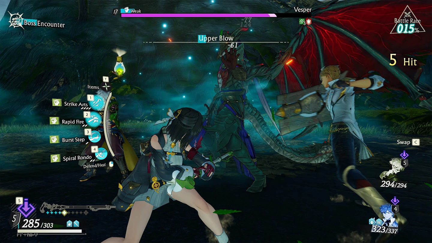 Yumia wykonuje magiczny atak, strzelając promieniami z alchemicznej broni. Interfejs walki pokazujący Yumię w trakcie starcia z krystalicznym przeciwnikiem.