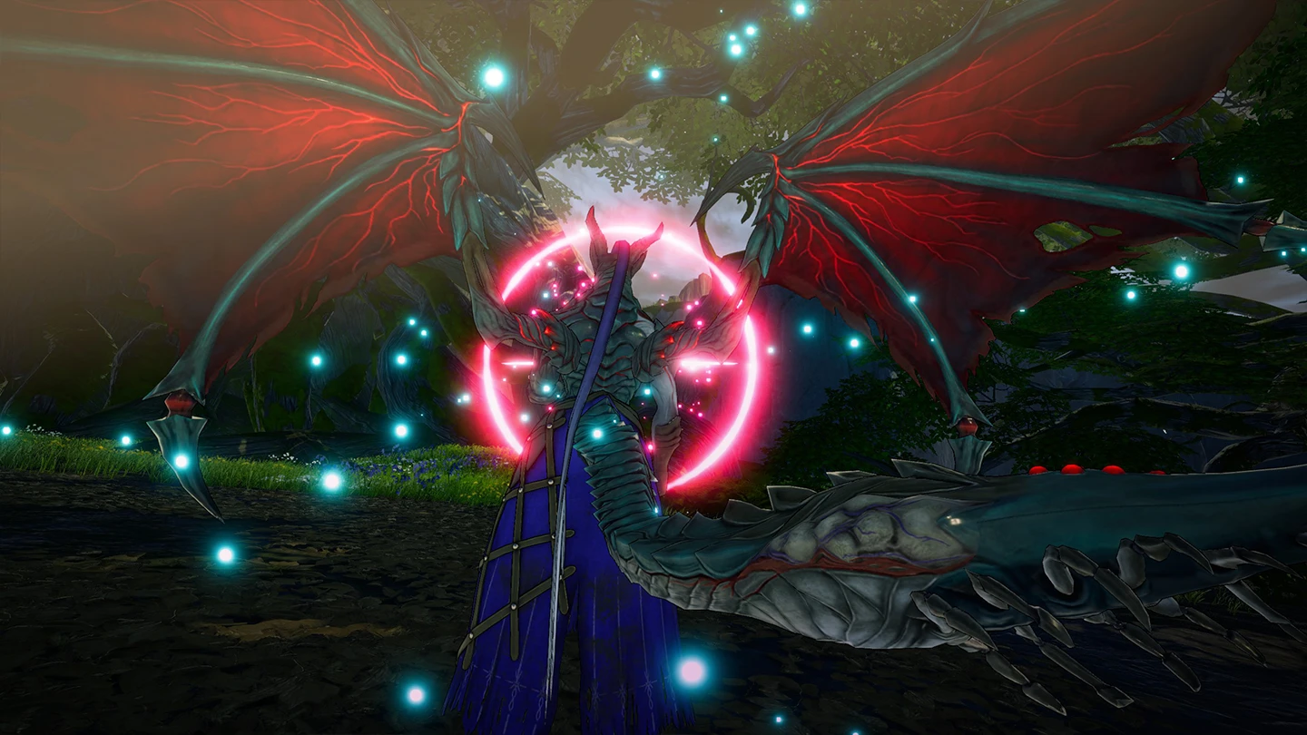 Skrzydlaty potwór z czerwonymi, żyłkowatymi skrzydłami i różowym okręgiem energii przygotowuje atak przeciwko drużynie.