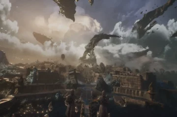 Concept art z Clair Obscur Expedition 33 - panorama miasta ze zniekształconymi budynkami.