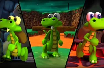 Zrzut ekranu z gry Croc: Legend of the Gobbos. Pokazuje głównego bohatera w trzech różnych biomach.