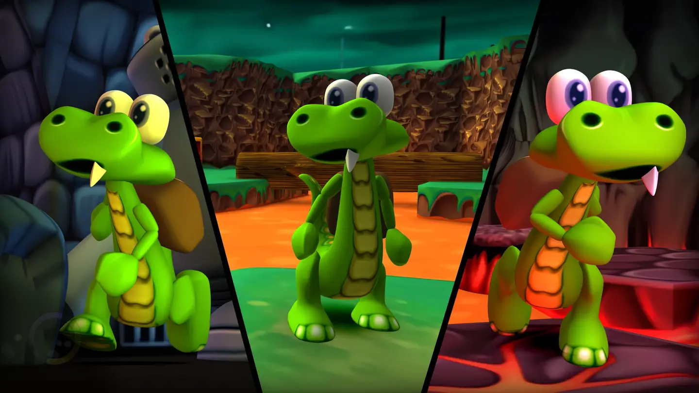Zrzut ekranu z gry Croc: Legend of the Gobbos. Pokazuje głównego bohatera w trzech różnych biomach.