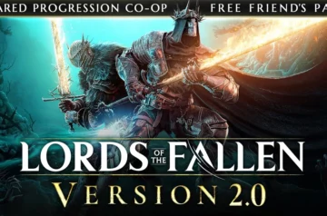 Lords of the Fallen 2.0 przedstawiający rycerza w kolczastej zbroi z mieczem świetlistym, podkreślający nowe funkcje: współdzielony postęp w kooperacji oraz darmowy dostęp dla znajomego