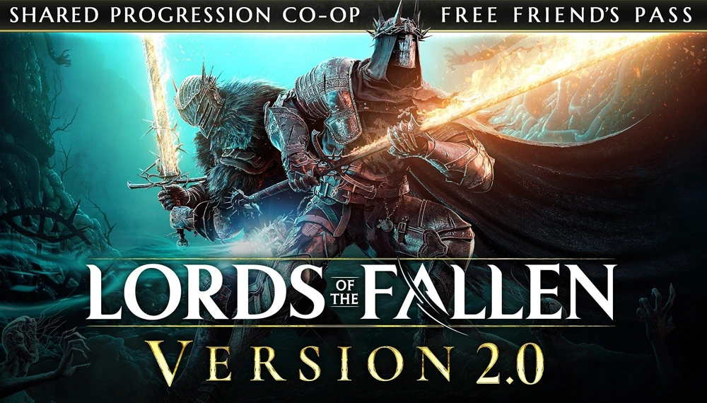 Lords of the Fallen 2.0 przedstawiający rycerza w kolczastej zbroi z mieczem świetlistym, podkreślający nowe funkcje: współdzielony postęp w kooperacji oraz darmowy dostęp dla znajomego