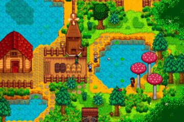 Zrzut ekranu z gry Stardew Valley. Pixel art, który przedstawia kolorową wioskę, staw, rośliny i most.