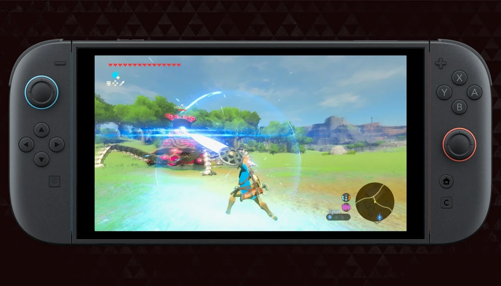 Zrzut ekranu z The Legend of Zelda: Breath of the Wild na Nintendo Switch 2. Link walczy z przeciwnikiem na otwartej łące, używając miecza otoczonego niebieską energią. Na ekranie widoczny interfejs gry z sercami na górze i minimapą w prawym dolnym rogu.