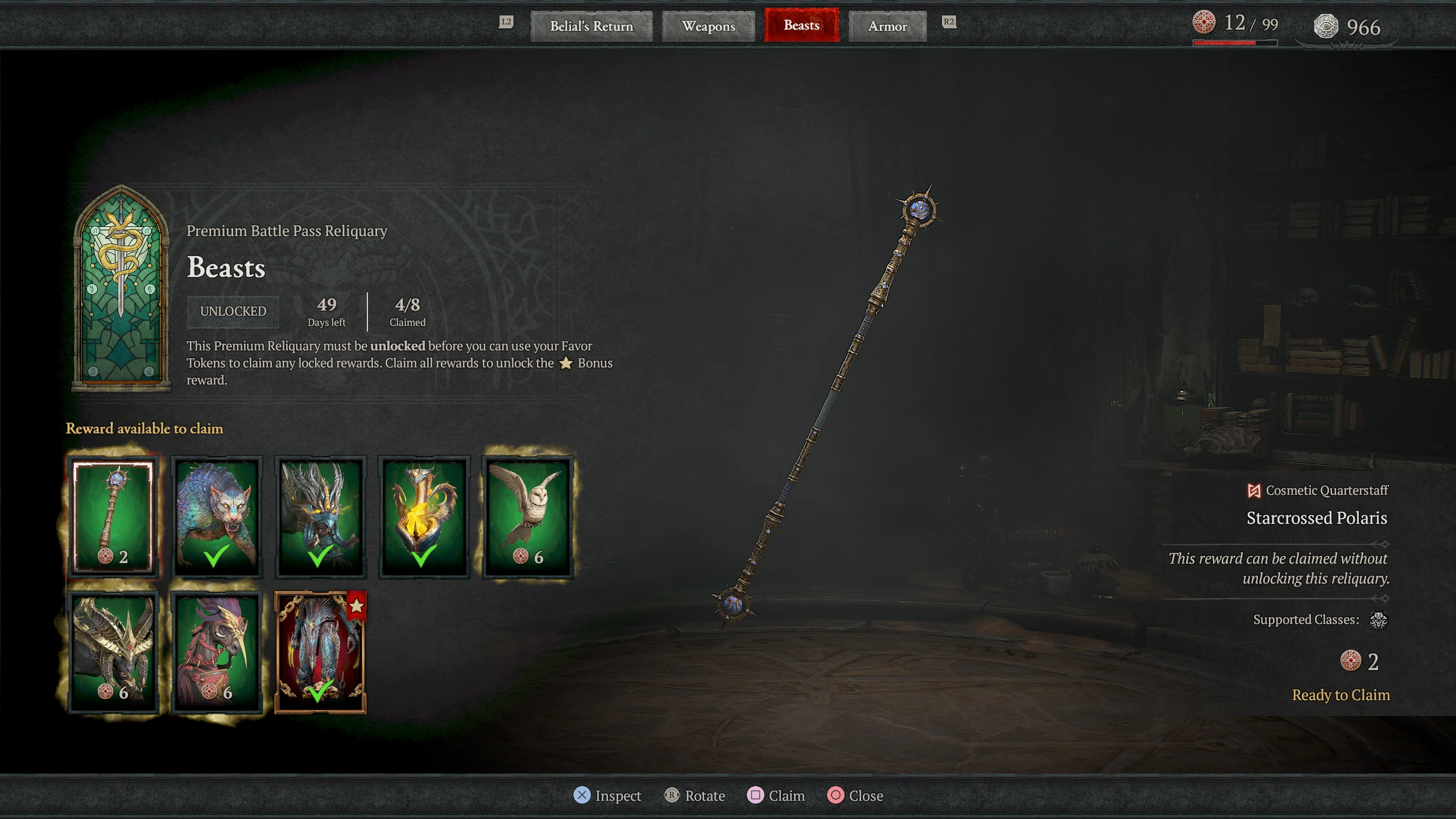 Widok sekcji &bdquo;Beasts&rdquo; w Premium Battle Pass. Gracz może odebrać kosmetyczny kostur Starcrossed Polaris. Po lewej stronie lista dostępnych nagr&oacute;d, po prawej szczeg&oacute;łowy podgląd wybranego przedmiotu.