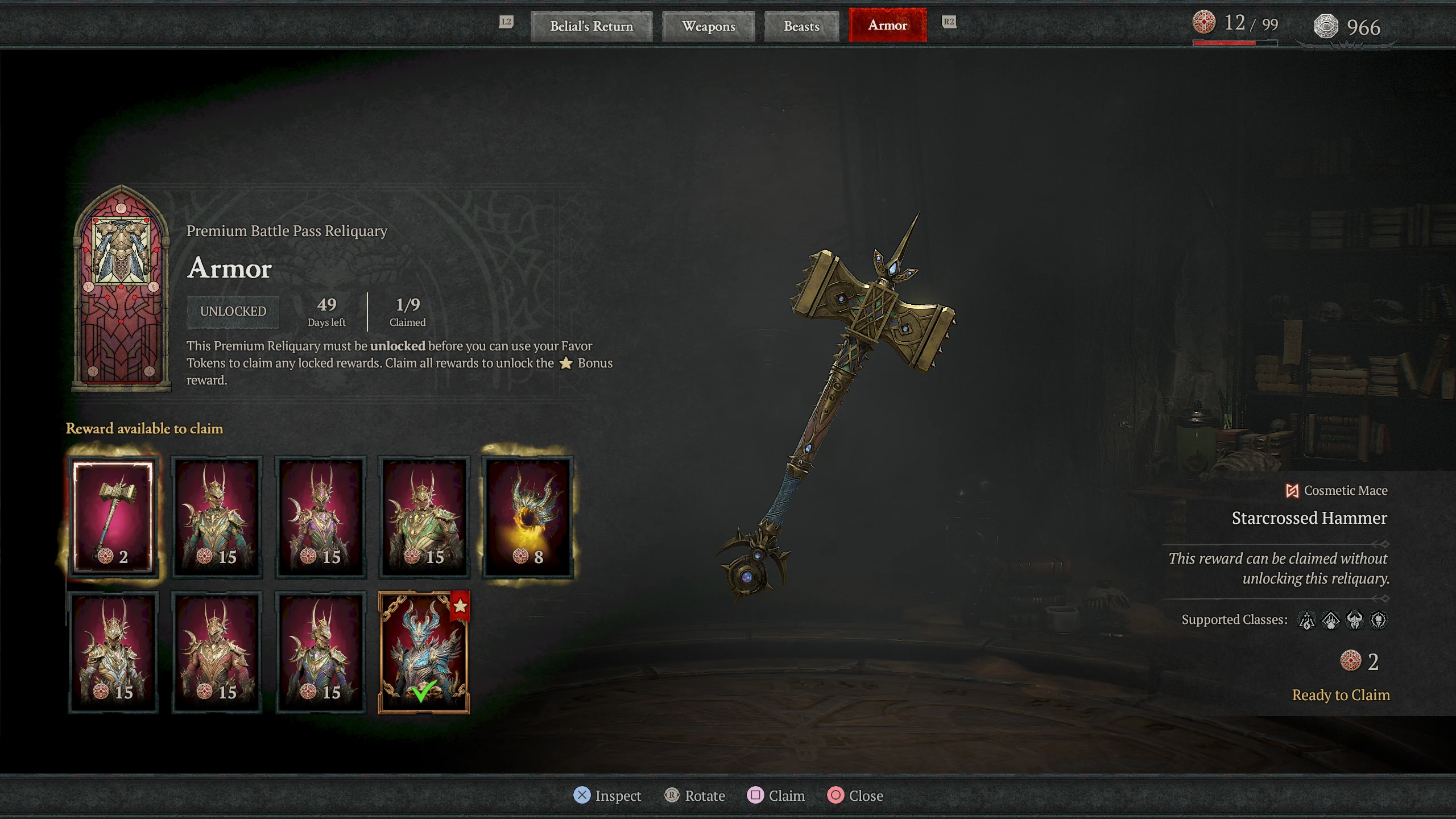 Zakładka &bdquo;Armor&rdquo; w Premium Battle Pass. Gracz może odebrać kosmetyczny młot Starcrossed Hammer. Po lewej stronie znajdują się inne nagrody z tej sekcji, po prawej prezentacja młota.