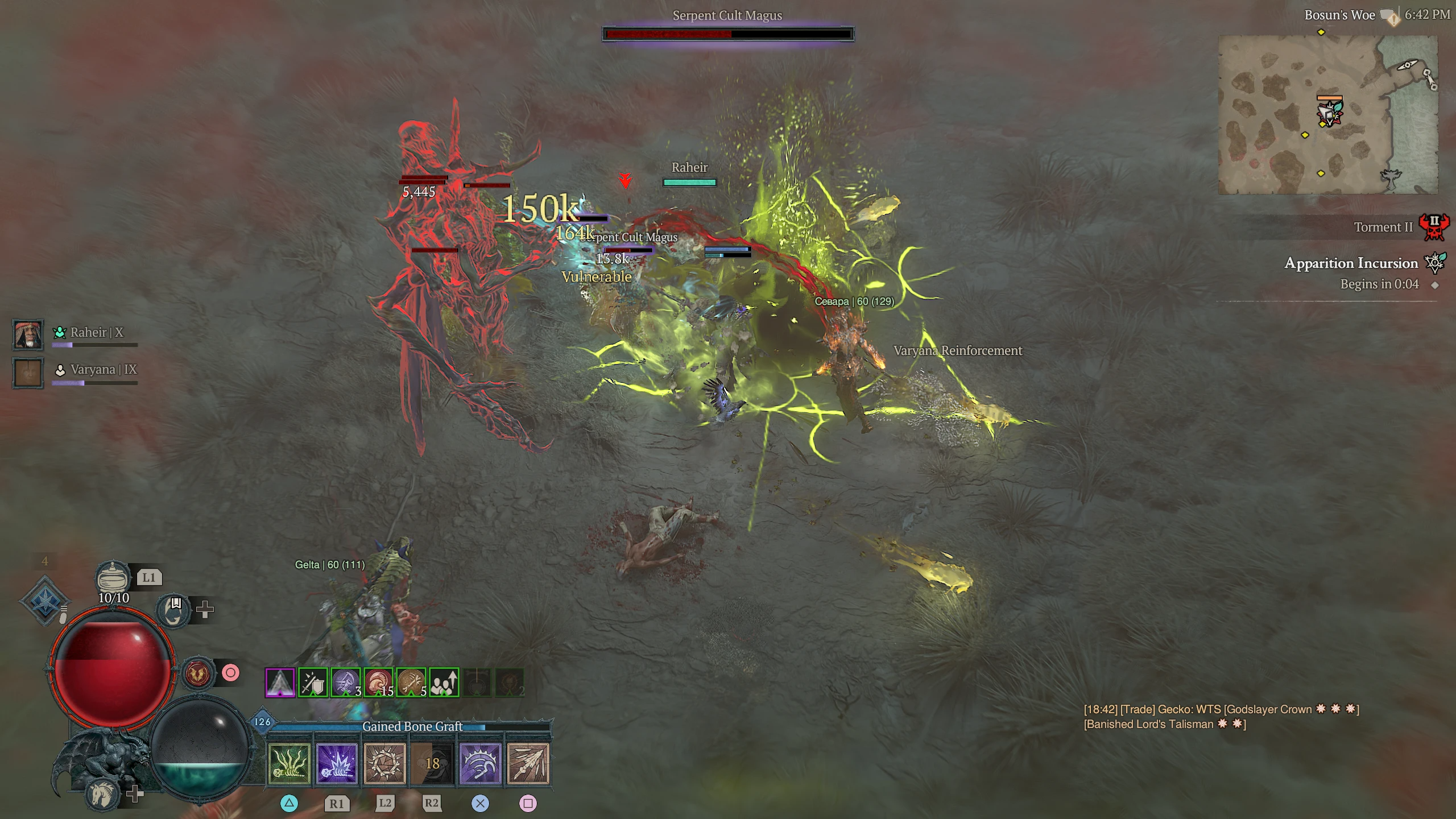 Starcie z elitarnymi przeciwnikami w otwartym świecie. Na ekranie widoczne są efekty trucizny i umiejętności, a na minimapie zaznaczone miejsce wydarzenia sezonowego.