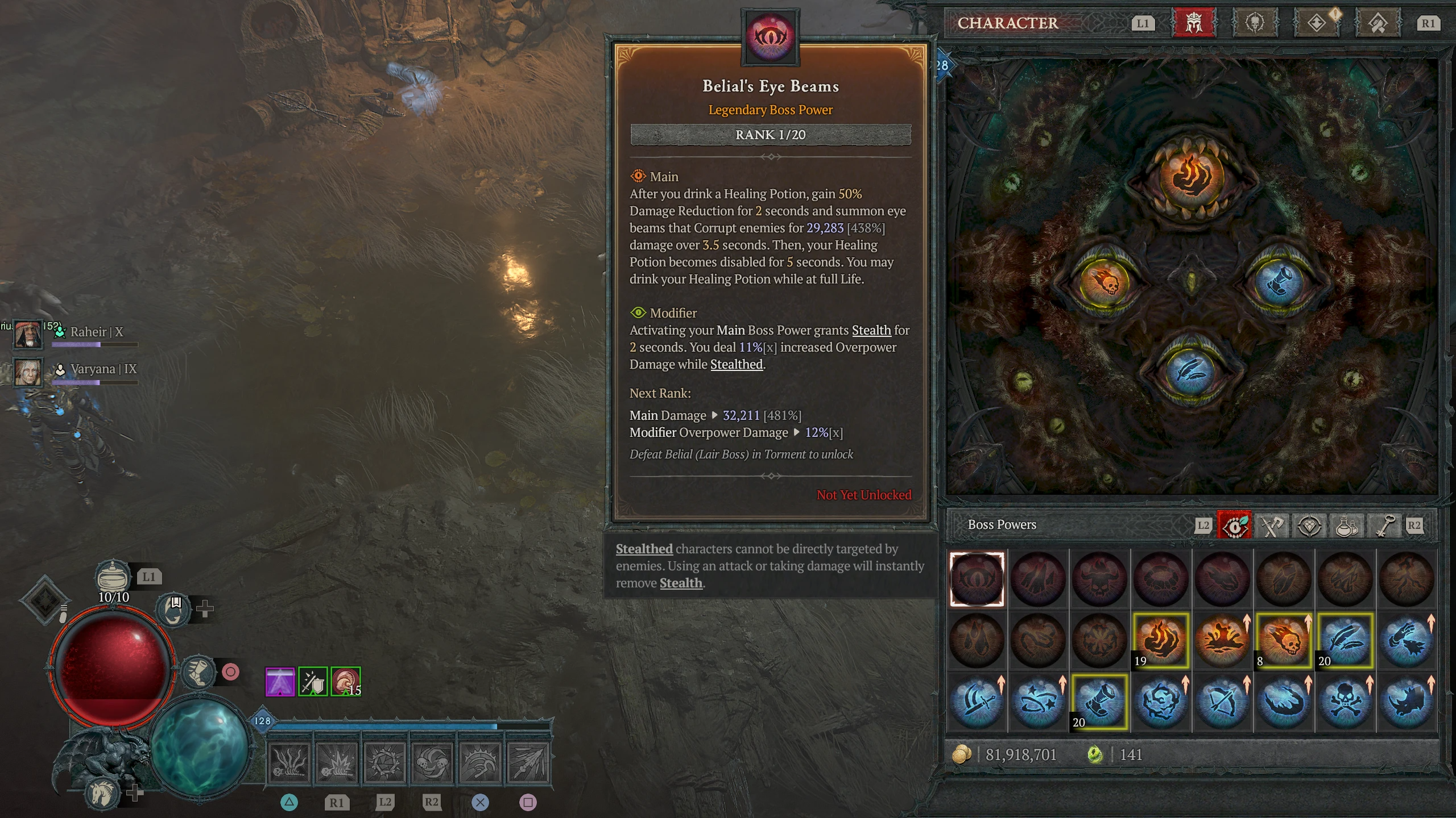 Na grafice przedstawiono interfejs gry Diablo IV z widocznym panelem &bdquo;Boss Powers&rdquo;, gdzie gracz może wybrać i ulepszać moce zdobyte po pokonaniu boss&oacute;w sezonowych. System ten pozwala na personalizację rozgrywki, oferując potężne zdolności inspirowane atakami największych przeciwnik&oacute;w w grze