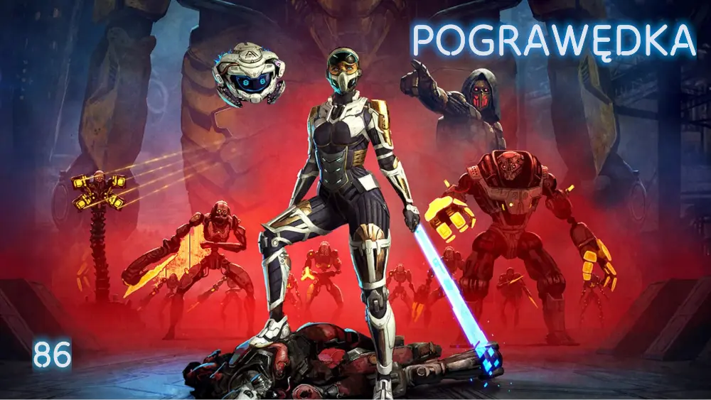 Grafika odcinka podcastu Pograwędka o grze Steel Seed – futurystyczna postać w pancerzu i z niebieskim mieczem świetlnym stoi w otoczeniu robotów na tle czerwonego dymu, w prawym górnym rogu napis „POGRAWĘDKA”, w lewym dolnym rogu liczba 86.