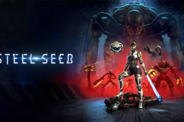 Grafika z gry Steel Seed. Główna bohaterka Zoe, w cybernetycznym ciele, stoi z energetycznym mieczem nad pokonanym robotem, otoczona przez różnorodne maszyny bojowe i swojego latającego drona Koby. W tle widać monumentalnego, wielonożnego robota, a całość utrzymana jest w mrocznym, futurystycznym klimacie, podkreślającym zagrożenie i atmosferę walki o przetrwanie ludzkości w świecie rządzonym przez maszyny