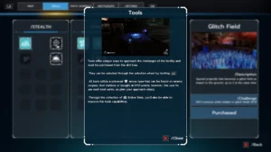 Ekran menu gry z zakładką &bdquo;Tools&rdquo; &ndash; opis narzędzi dostępnych dla gracza, z niewielkim zrzutem ekranu przedstawiającym niebieską, cyfrową pułapkę na podłodze oraz szczeg&oacute;łowym tekstem dotyczącym wykorzystania i ulepszania narzędzi