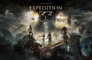 Clair Obscur Expedition 33 key art - drużyna bohaterów stojąca frontem do Monolitu i Malarki.