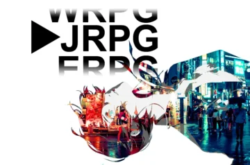 JRPG. Sylwetka postaci anime wypełniona nocną scenerią japońskiego miasta, neonami i przechodniami. Kontrast bieli i barw nawiązuje do estetyki gier japońskich RPG