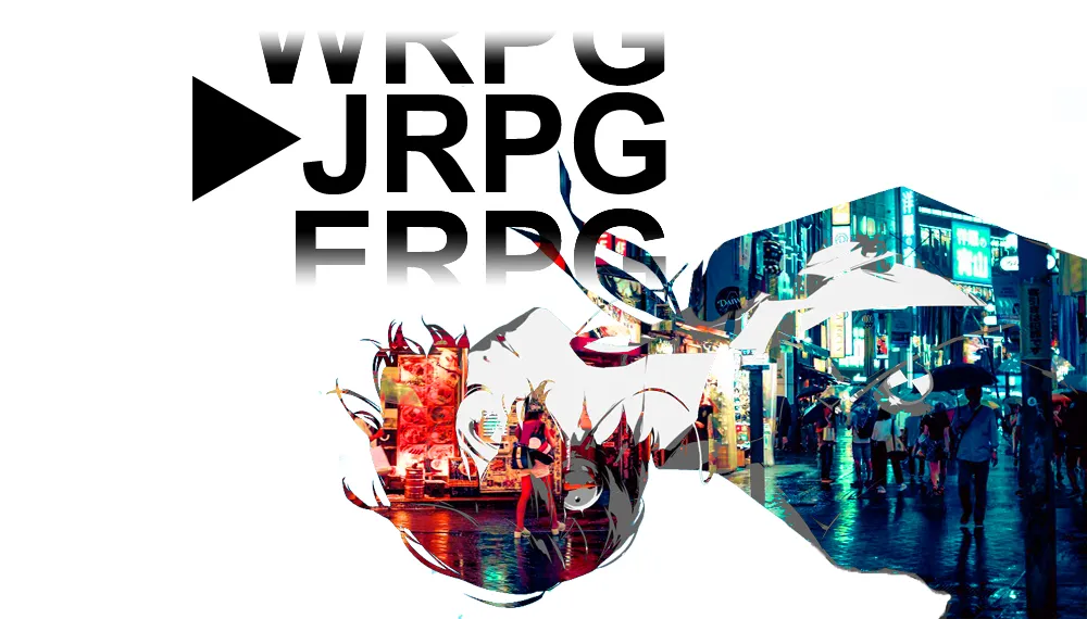 JRPG. Sylwetka postaci anime wypełniona nocną scenerią japońskiego miasta, neonami i przechodniami. Kontrast bieli i barw nawiązuje do estetyki gier japońskich RPG