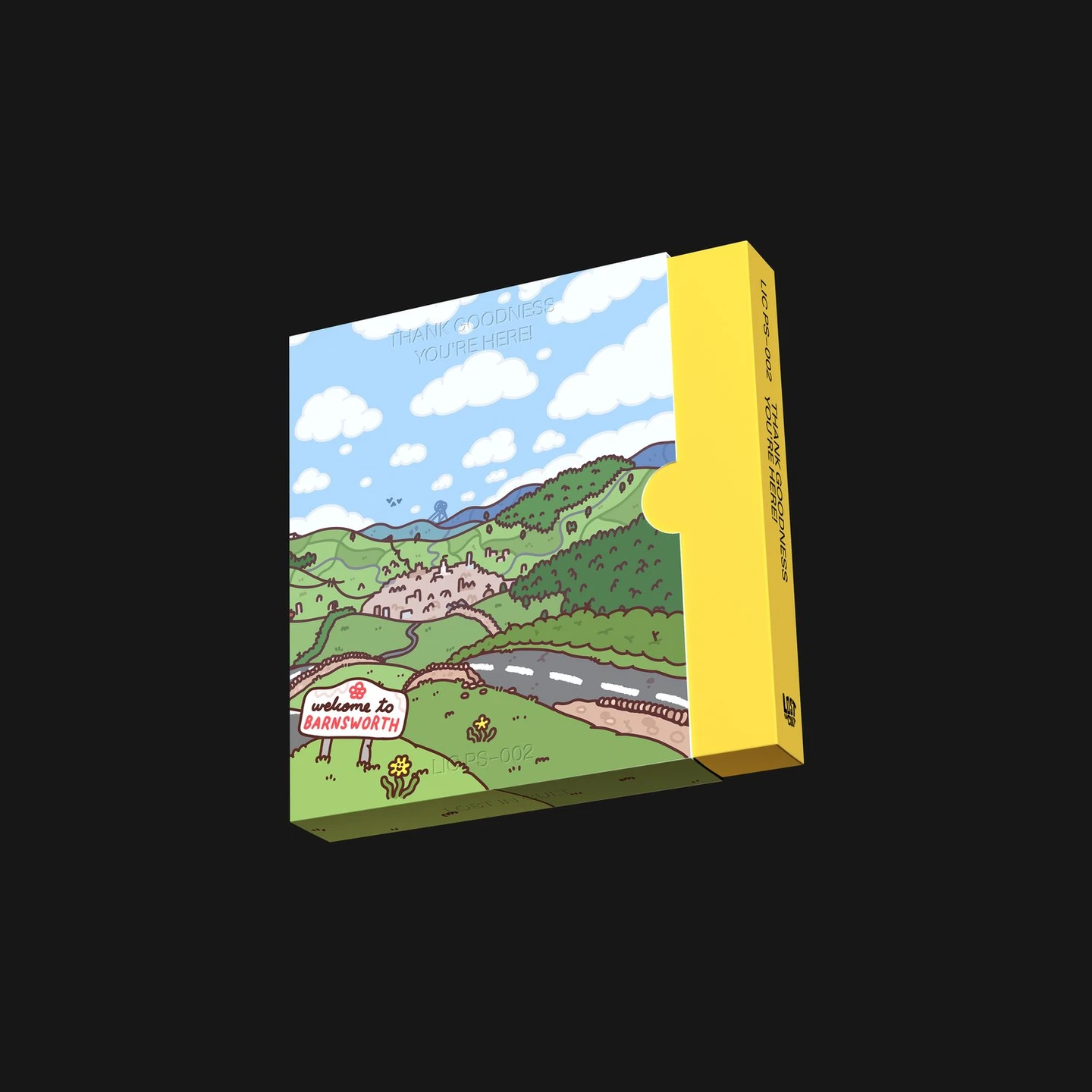 Projekt opakowania gry Thank Goodness You're Here! w wydaniu Lost in Cult EDITIONS.