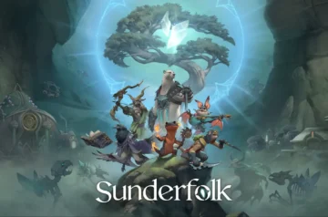 Grupa antropomorficznych bohaterów stoi na wzgórzu, gotowa do walki, z monumentalnym drzewem i magicznym kryształem w tle. Mistyczna aura, baśniowa sceneria oraz logo Sunderfolk podkreślają klimat taktycznej gry RPG, w której gracze wspólnie bronią krainy Arden przed nadciągającym zagrożeniem