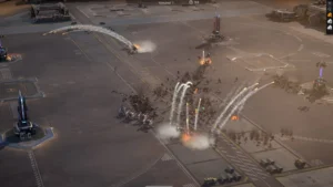 Dynamiczna scena bitwy na lotnisku &ndash; mechy ostrzeliwują się rakietami, na ziemi leżą wraki zniszczonych maszyn, a w tle widoczne są wieżyczki obronne i infrastruktura bazy.