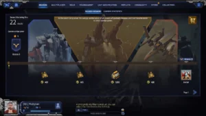 Ekran nagr&oacute;d sezonowych w Mechabellum &ndash; pośrodku widoczne trzy duże mechy reprezentujące kolejne progi nagr&oacute;d, poniżej linia postępu sezonu z ikonami waluty i awatar&oacute;w, po lewej aktualna ranga gracza.